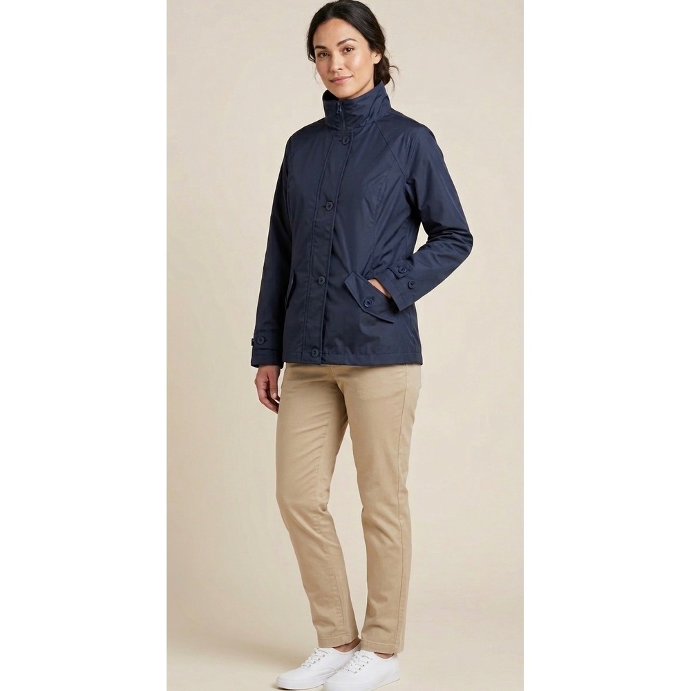 Lands' End Rain Jacket Womens 10-12 Navy Blue Mock Neck Button Zip Front